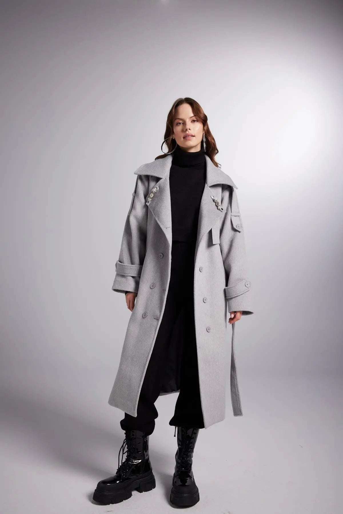Accessorized Wool Blended Cashmere Maxi Woody Grey Coat-4