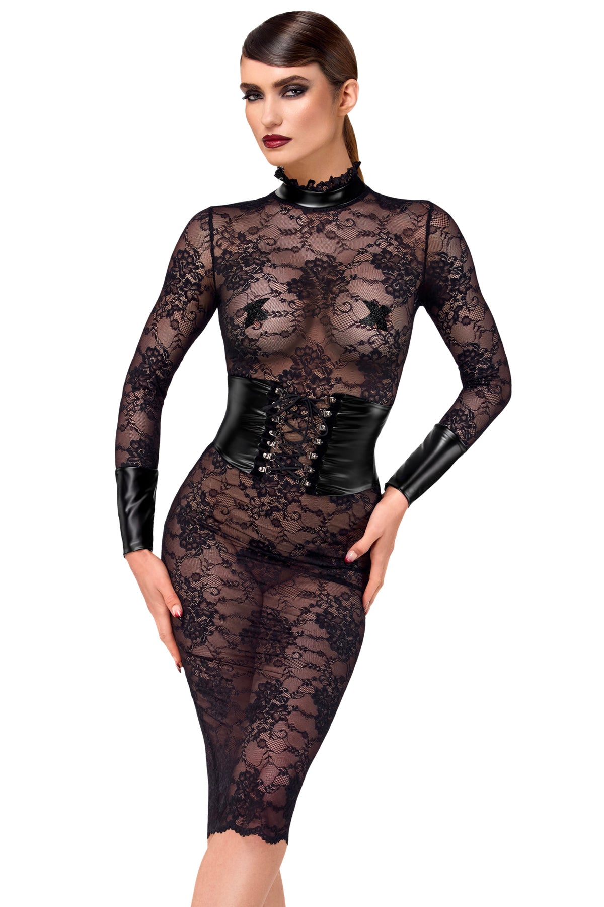 F375 halblanges Kleid Noirelle aus Spitze - 3XL-2