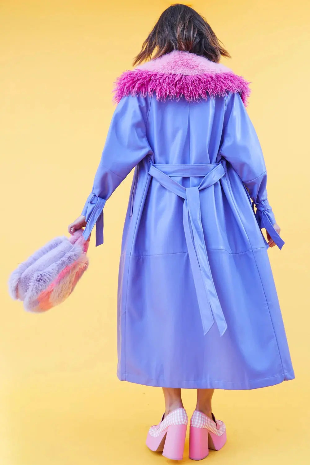 Purple Faux Leather Trench Coat with Faux Fur Collar-3