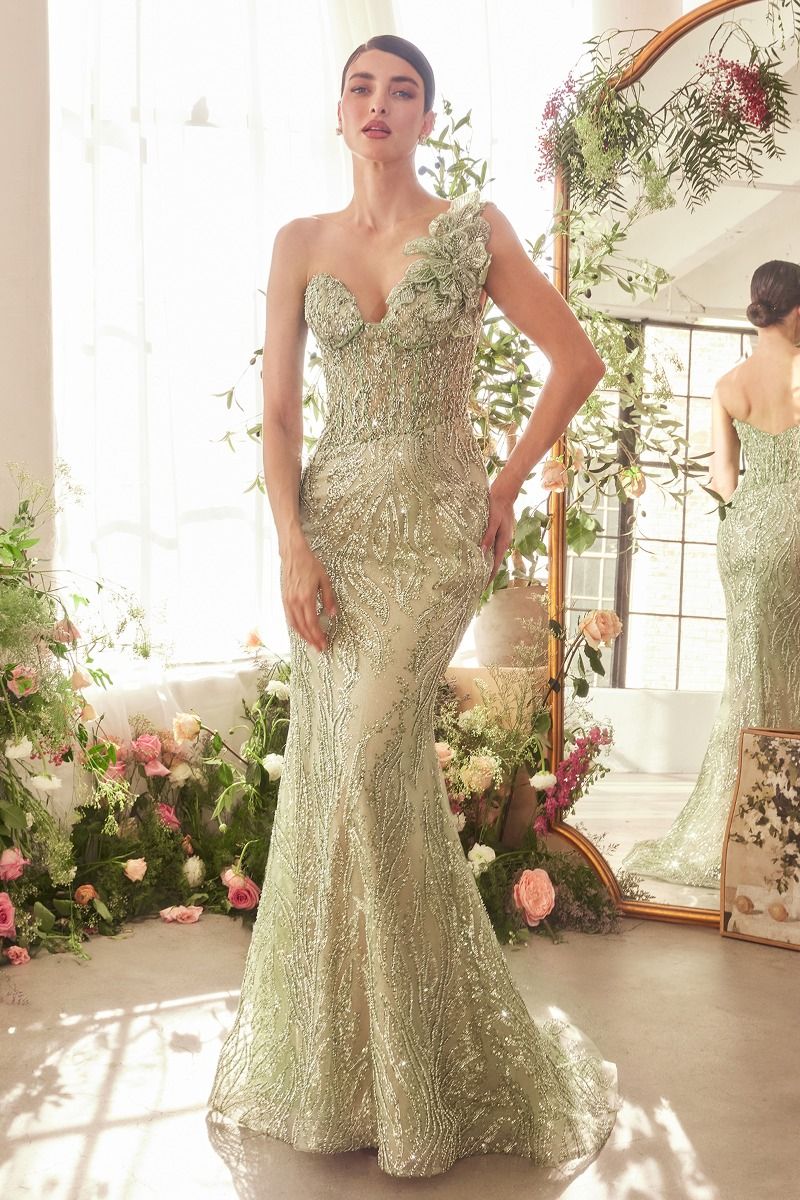 One Shoulder Fully Beaded Floral Motif Gown-3