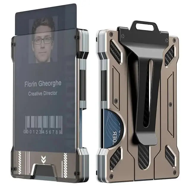 NNEDSZ 1 Pcs Gold Premium RFID Blocking Aluminum Alloy ID Badge Holder with Transparent Card Slot & Money Clip-0