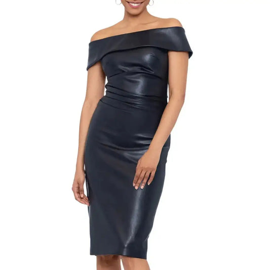 Women’s Off-The-Shoulder Black Leather Cocktail Dress-0